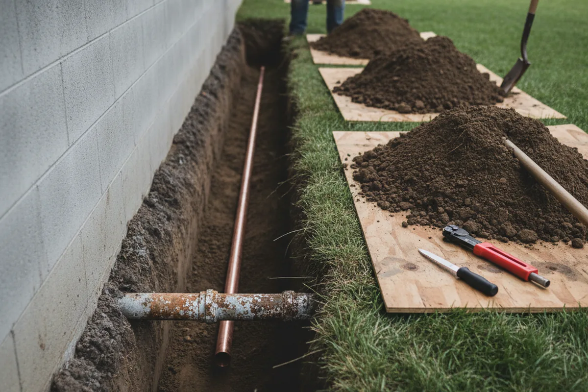 Excavated water line trench during Water Softener Installation in Perry